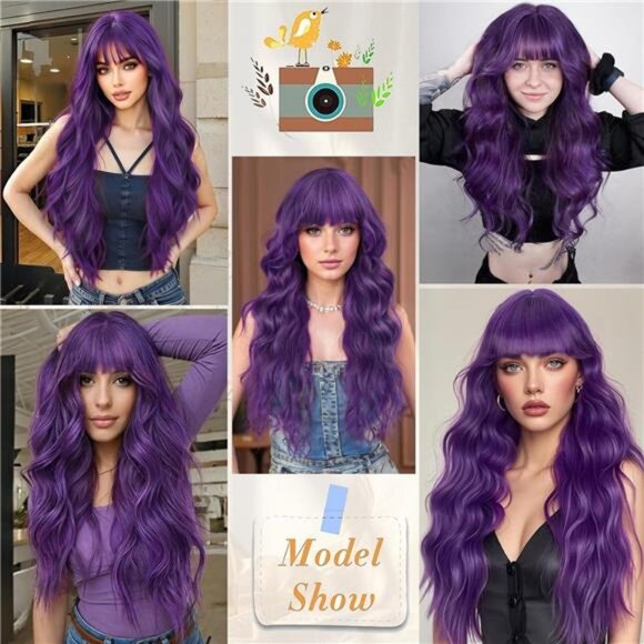 Purple Wavy Wig With Bangs for Women - Picture 4 of 6
